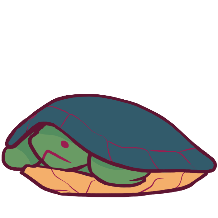  A turtle mostly in its shell. it is green with a dark teal upper shell and light brown undershell.